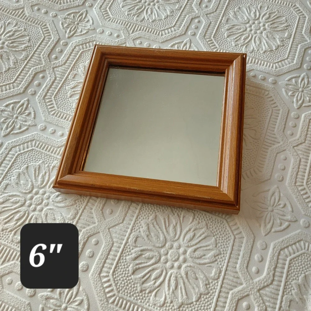 Home Interiors & Gifts Vintage Square Wood Frame Wall Mirror 6x6 Honey Oak USA